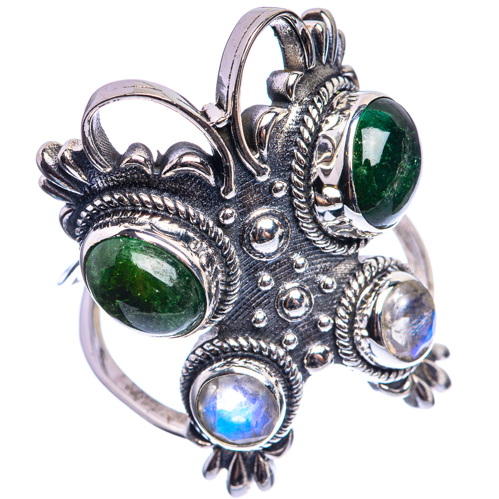 Large Green Tourmaline, Rainbow Moonstone 925 Sterling Silver Ring Size 8.75