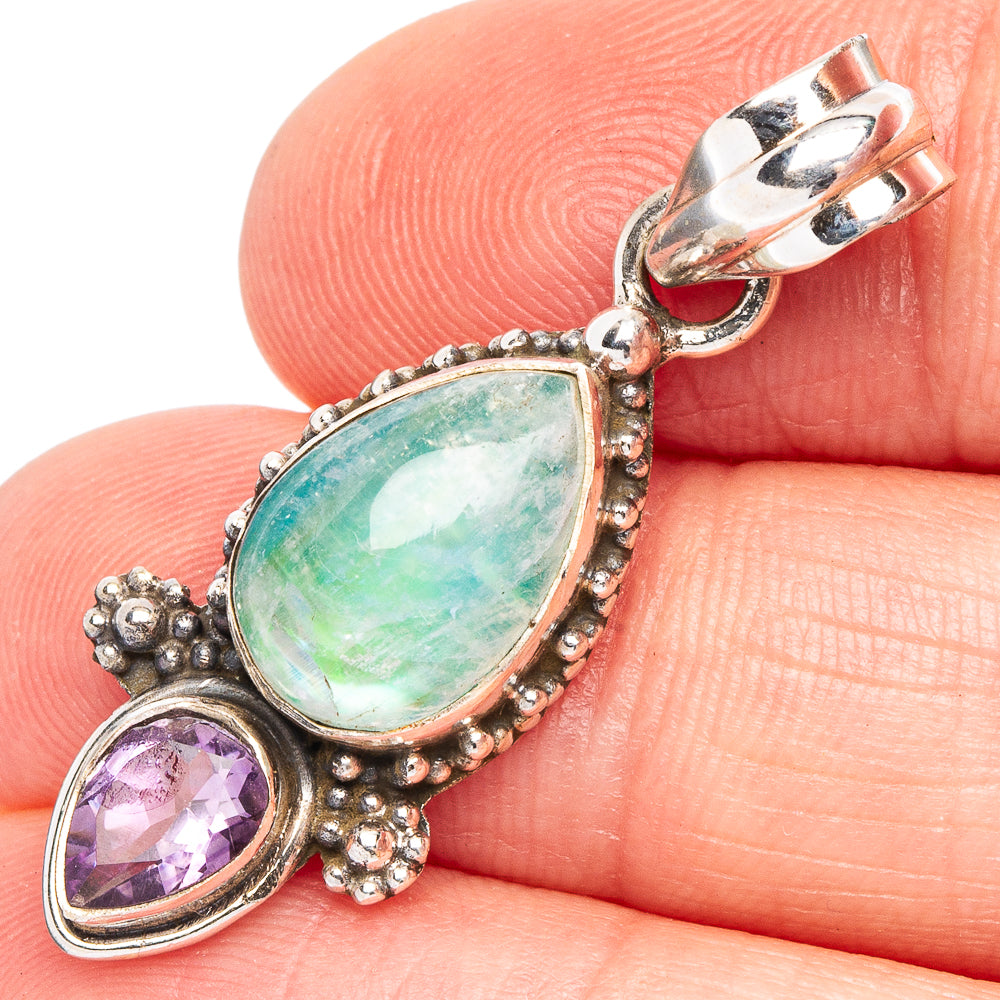 Green Moonstone, Amethyst Pendant 1 1/2" (925 Sterling Silver) P44970