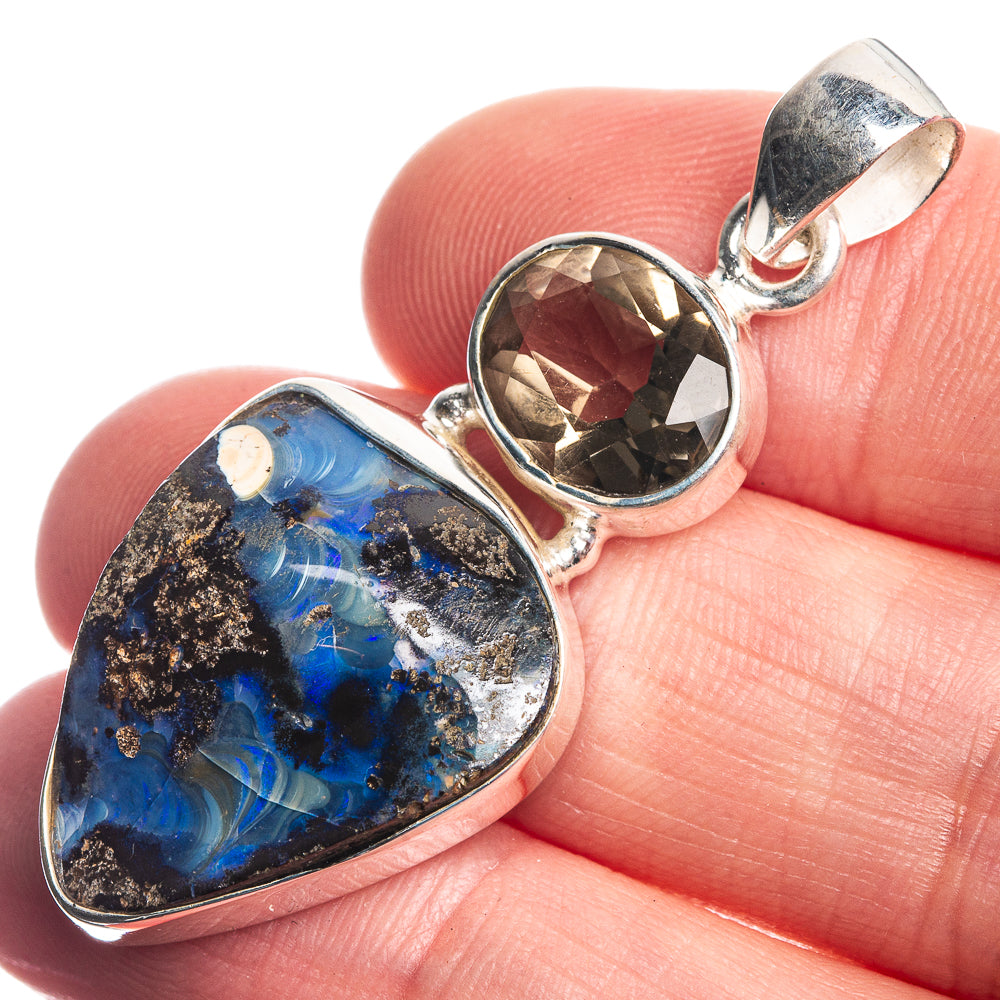 Boulder Opal, Smoky Quartz 925 Sterling Silver Pendant 1 3/4"