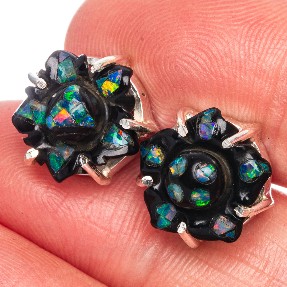 Rare Black Onyx Opal Earrings 1/2" (925 Sterling Silver) E1171