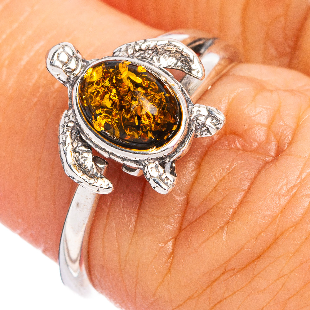 Baltic Amber Sea Turtle Ring Size 5 Adjustable (.925 Sterling Silver)