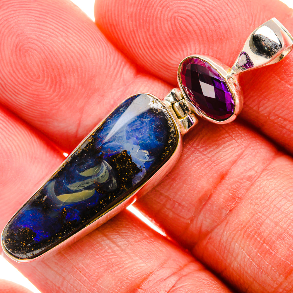 Boulder Opal, Amethyst Pendant 2" (925 Sterling Silver) PD38193
