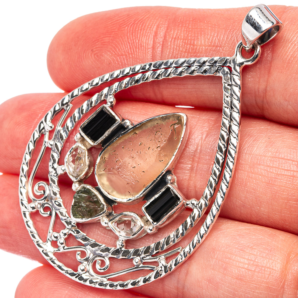 Signature Libyan Desert Glass, Moldavite, Black Tourmaline Pendant 2 1/8" (.925 Sterling Silver)