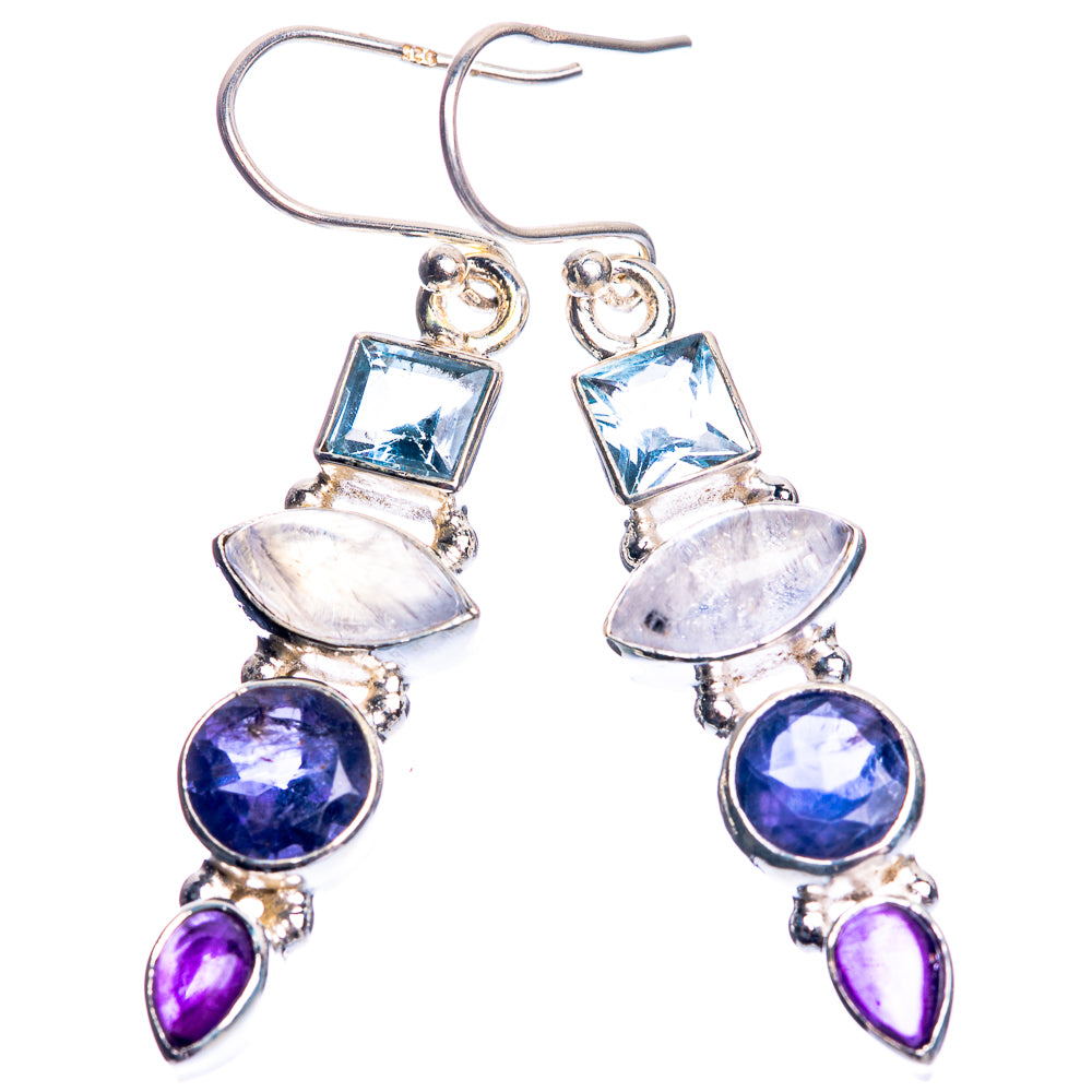 Rainbow Moonstone, Blue Topaz, Tanzanite, Amethyst 925 Sterling Silver Earrings 1 7/8"