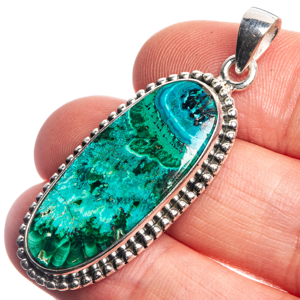 Malachite In Chrysocolla 925 Sterling Silver Pendant 1 3/4"