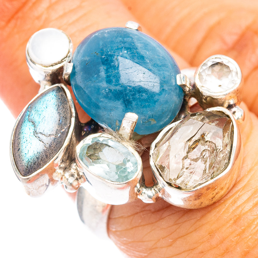 (Classic Series) Apatite, Labradorite, Green Amethyst, Blue Topaz, White Quartz Ring Size 6.75 (.925 Sterling Silver)