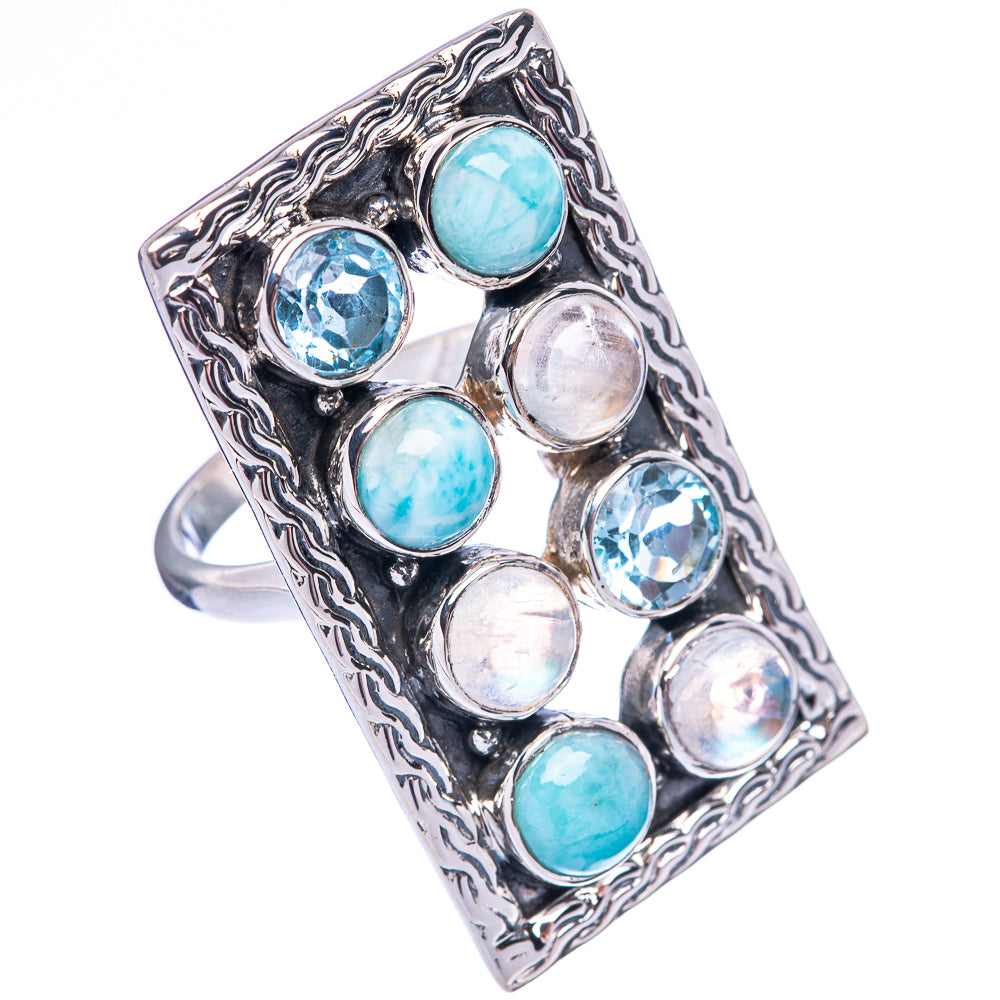 Signature Rainbow Moonstone, Larimar, Blue Topaz Ring Size 7.75 (925 Sterling Silver) R1793