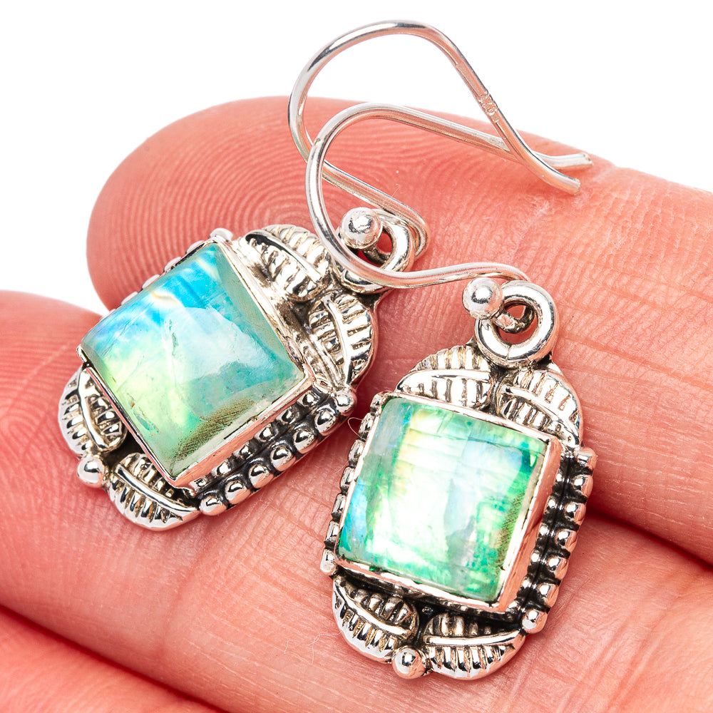 Green Moonstone Earrings 1 3/8" (925 Sterling Silver) E1417