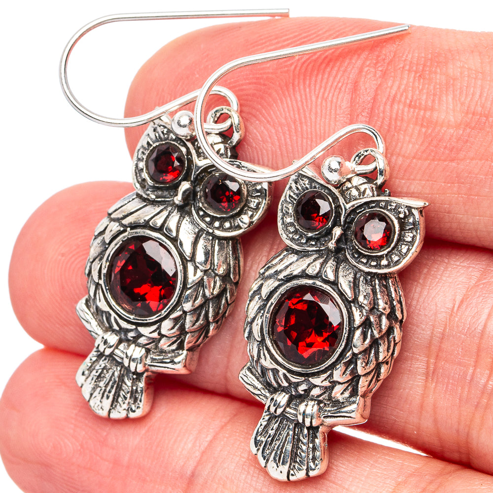 Garnet Owl Earrings 1 5/8" (925 Sterling Silver) E2978