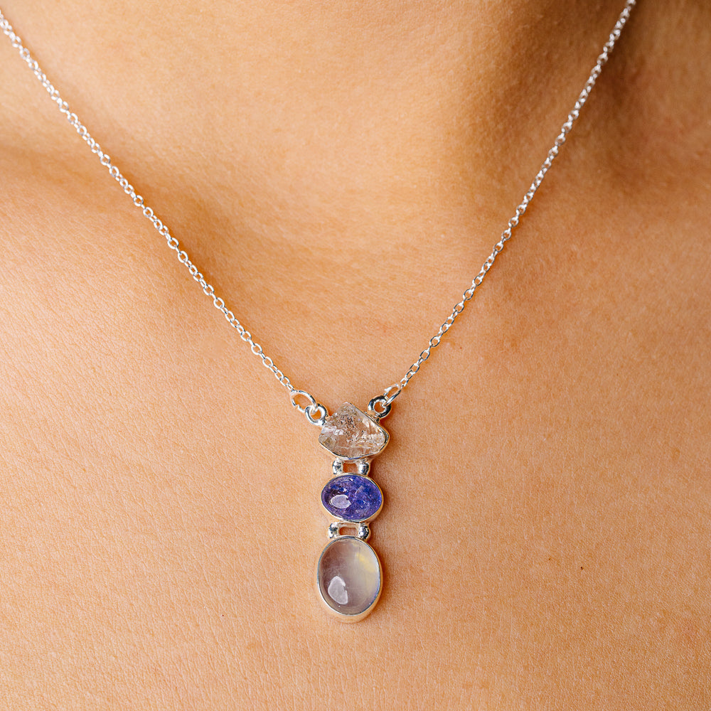 Rainbow Aquamarine, Tanzanite, Herkimer Diamond Necklace 16.25" (925 Sterling Silver) N90256