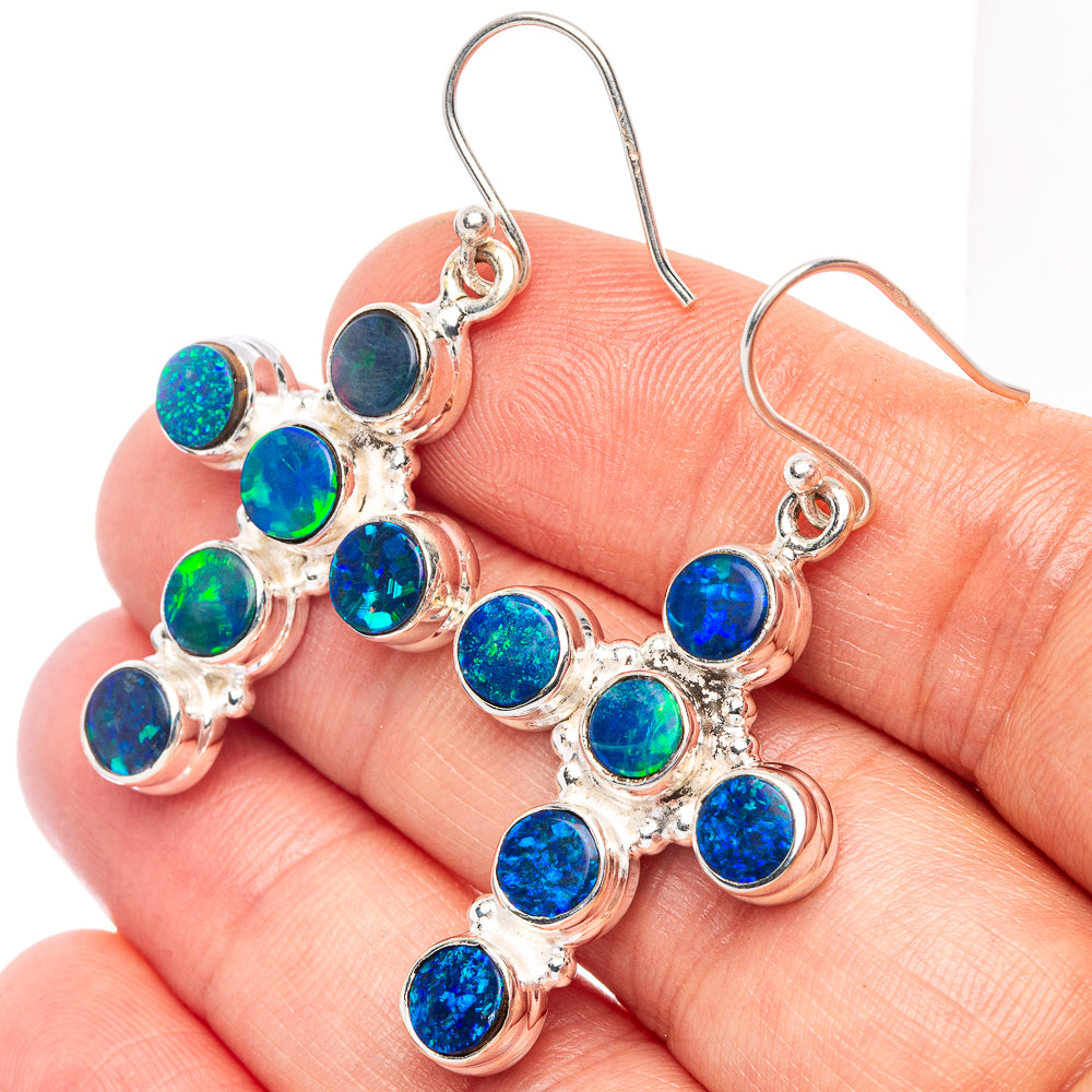 Rare Doublet Opal Cross Earrings 1 3/4" (925 Sterling Silver) E2321