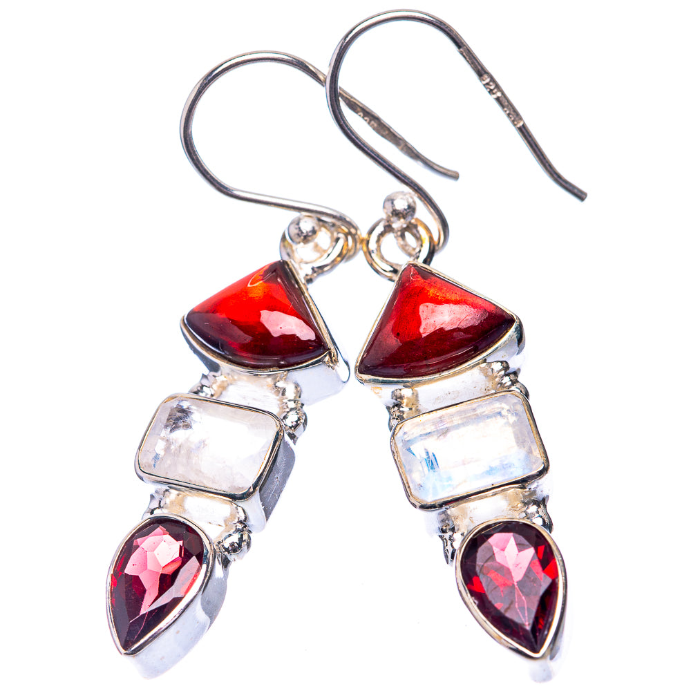 Rainbow Moonstone, Garnet Earrings 1 5/8" (925 Sterling Silver) E432572