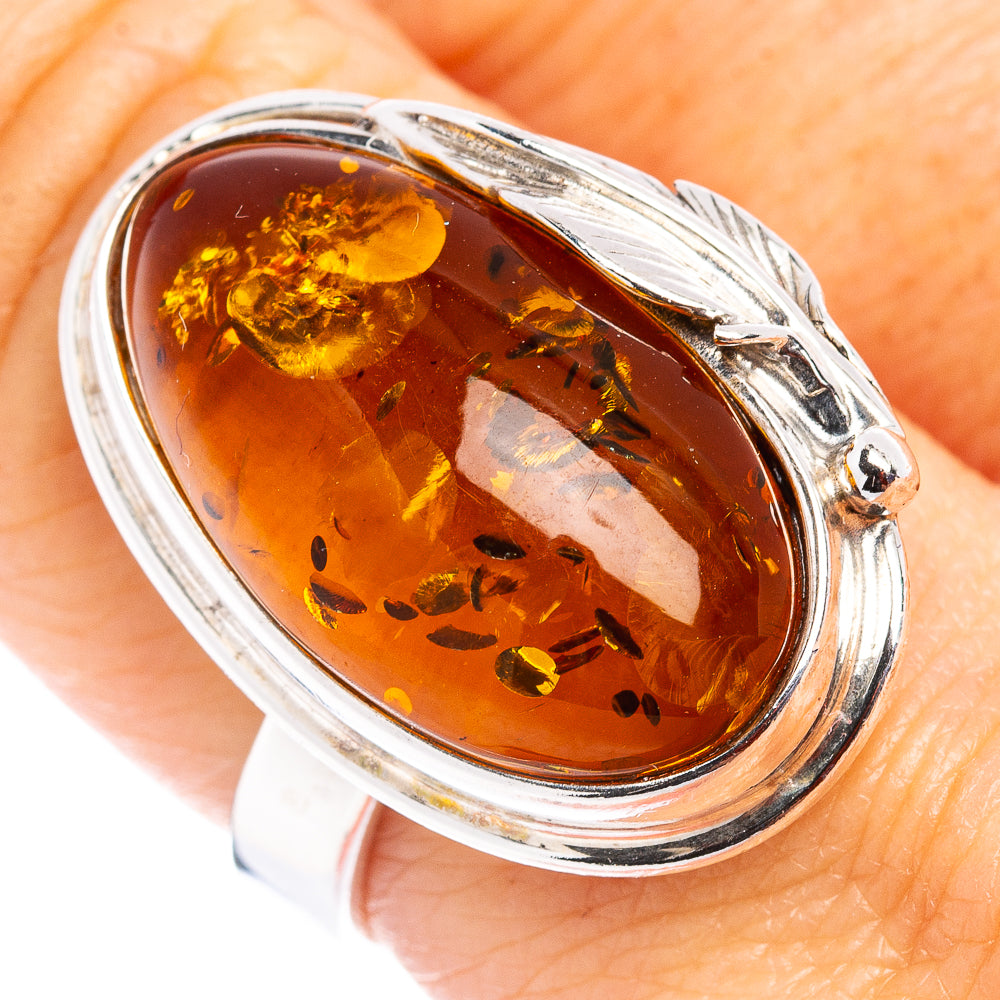 Baltic Amber Leaf Ring Size 7 Adjustable (.925 Sterling Silver)