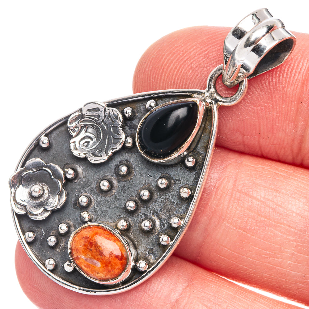 Sponge Coral, Black Onyx Pendant 1 3/4" (925 Sterling Silver) P40164