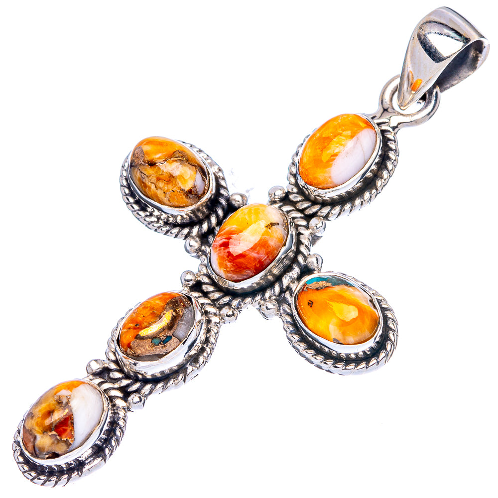 Spiny Oyster Turquoise Cross Pendant 2" (925 Sterling Silver) P43074