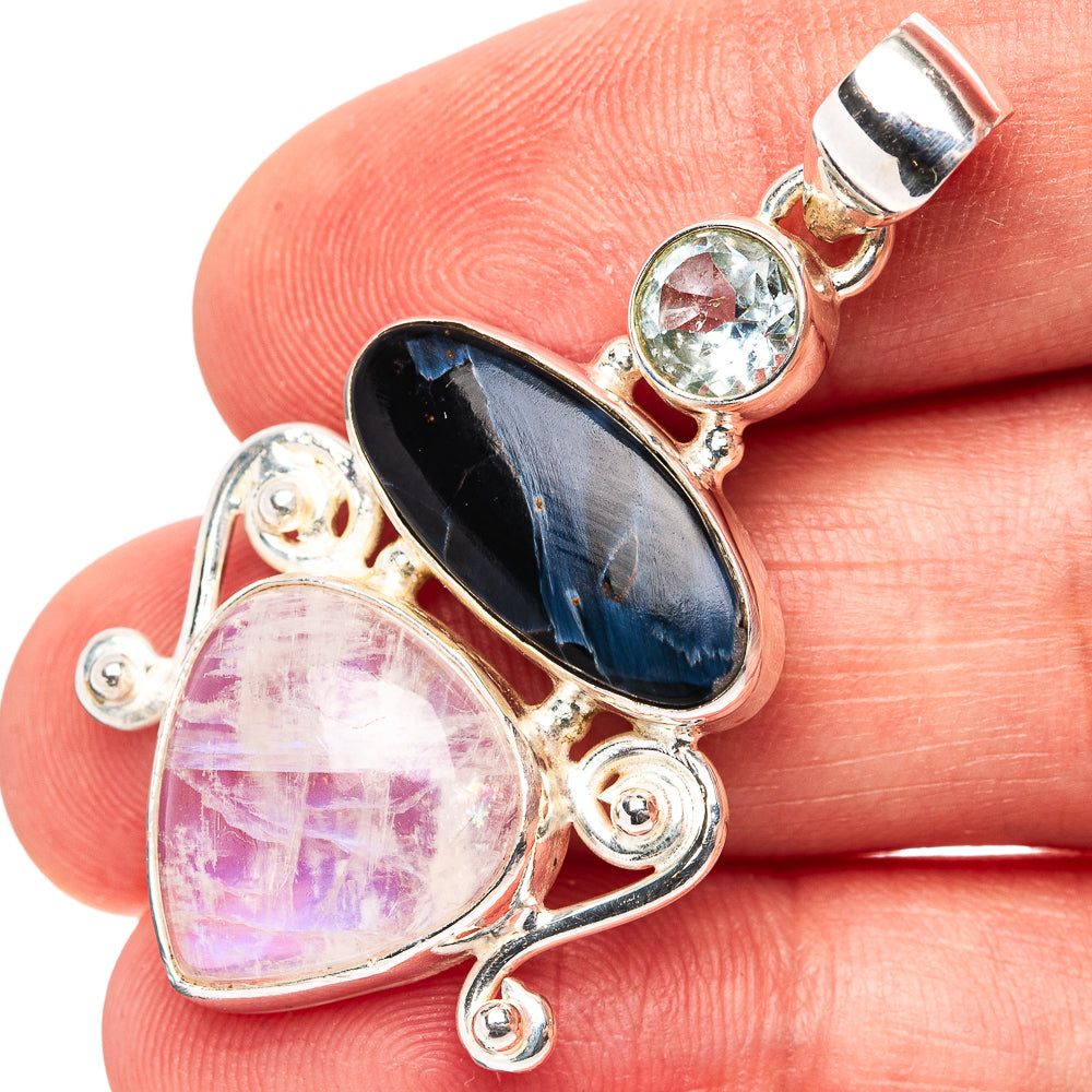 Premium Pietersite, Rainbow Moonstone, Blue Topaz Pendant 1 5/8" (.925 Sterling Silver)
