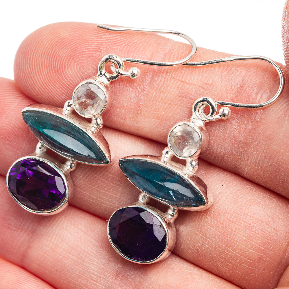 Aquamarine, Amethyst, Rainbow Moonstone Earrings 1 1/2" (925 Sterling Silver) E432457
