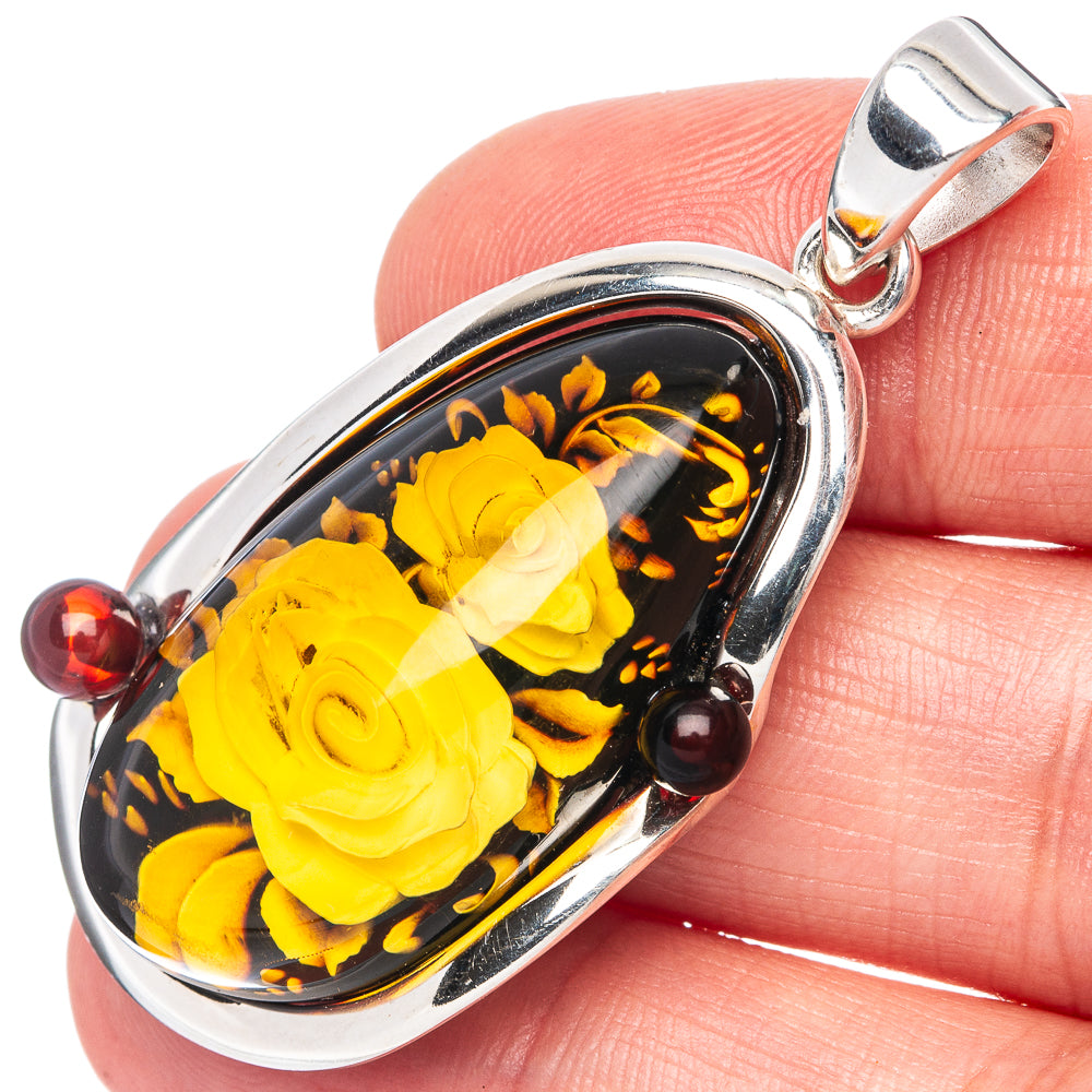 Amber Intaglio Rose Pendant 1 7/8" (925 Sterling Silver) P42575