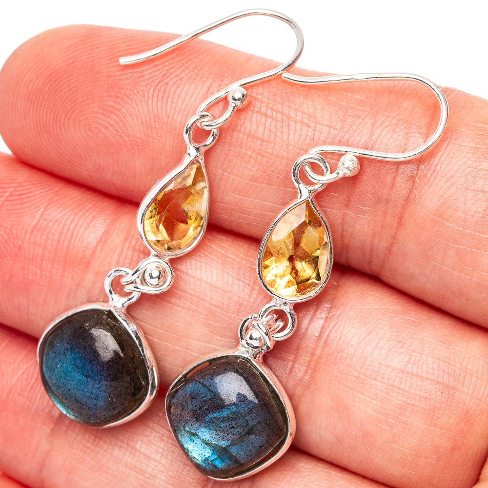 Labradorite, Citrine Earrings 1 3/4" (.925 Sterling Silver)