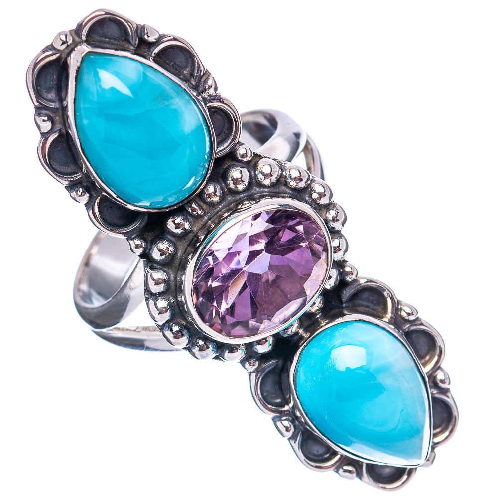 Premium Larimar, Amethyst Ring Size 7 (.925 Sterling Silver)