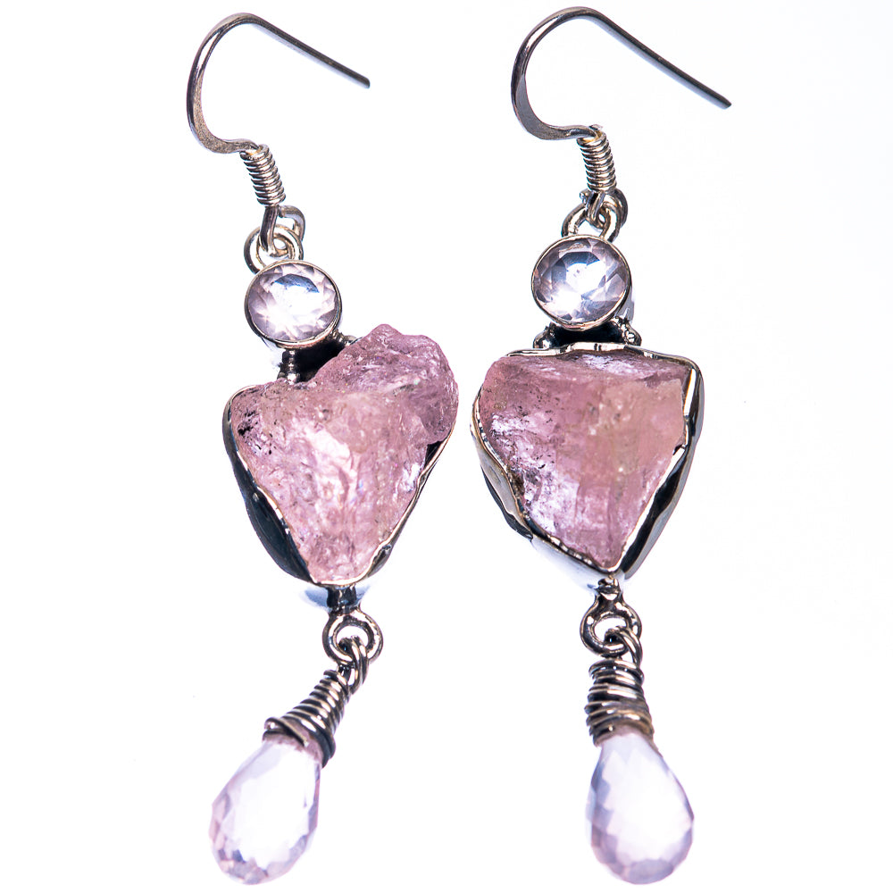 Rough Rose Quartz, White Quartz Earrings 2 1/8" (925 Sterling Silver) E432641