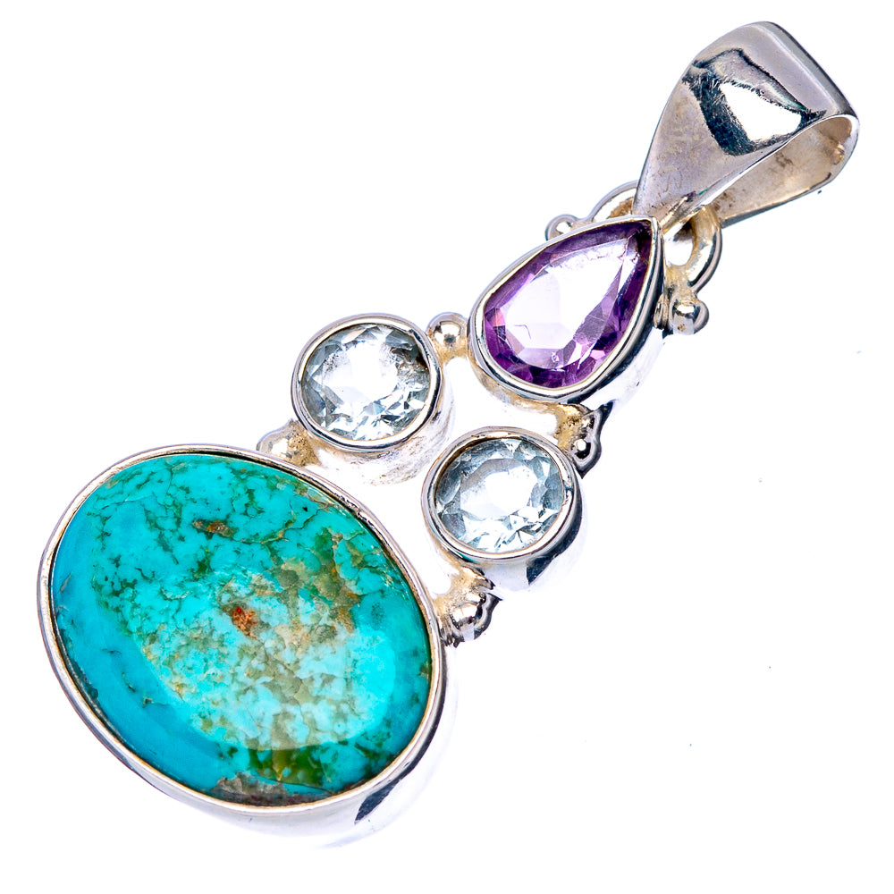 Rare Kingman Turquoise, Blue Topaz, Amethyst Pendant 1 1/2" (925 Sterling Silver) P41117