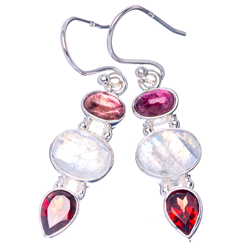 Rainbow Moonstone, Garnet 925 Sterling Silver Earrings 1 5/8" (925 Sterling Silver) E1426