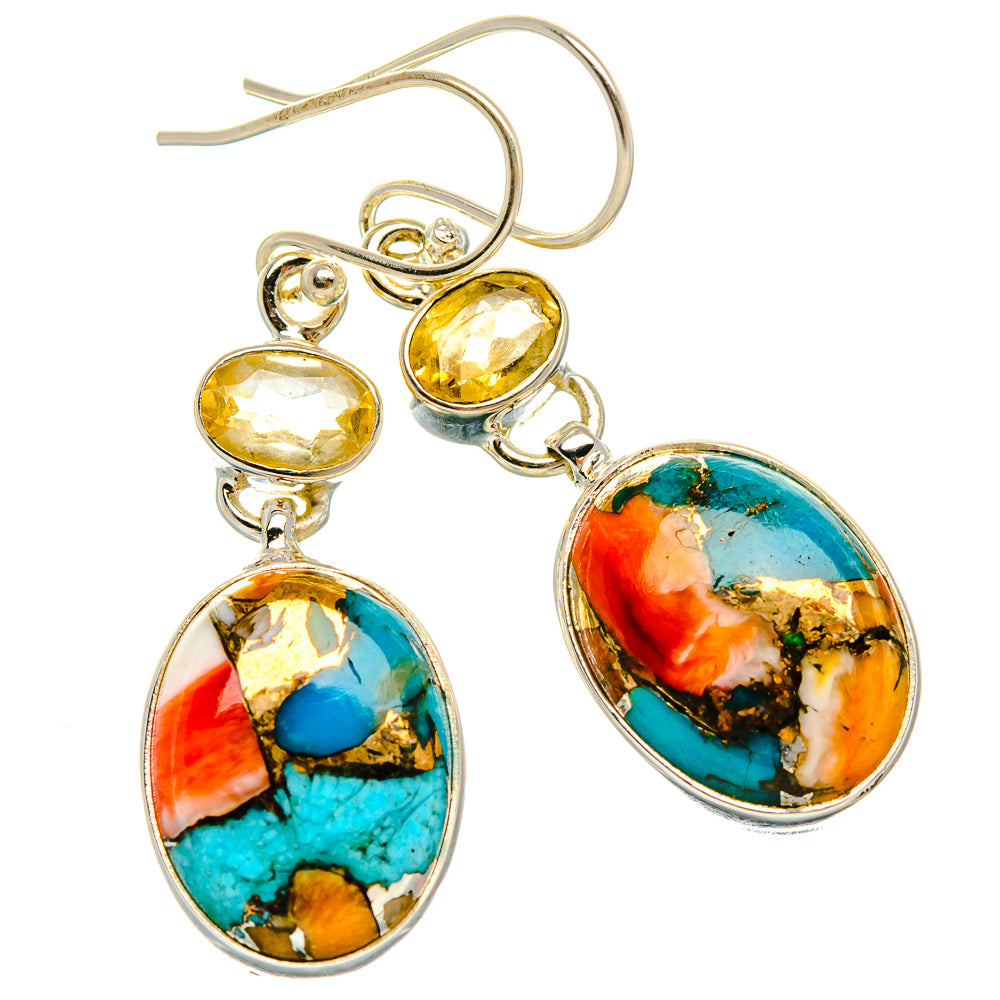 Spiny Oyster Turquoise, Citrine Earrings 1 5/8" (925 Sterling Silver) EARR431988
