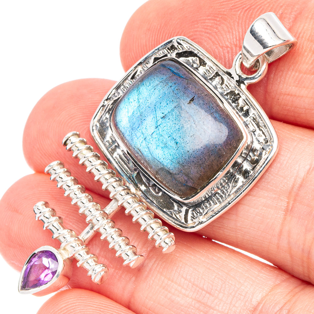 Premium Labradorite, Amethyst Pendant 1 3/4" (925 Sterling Silver) P44995