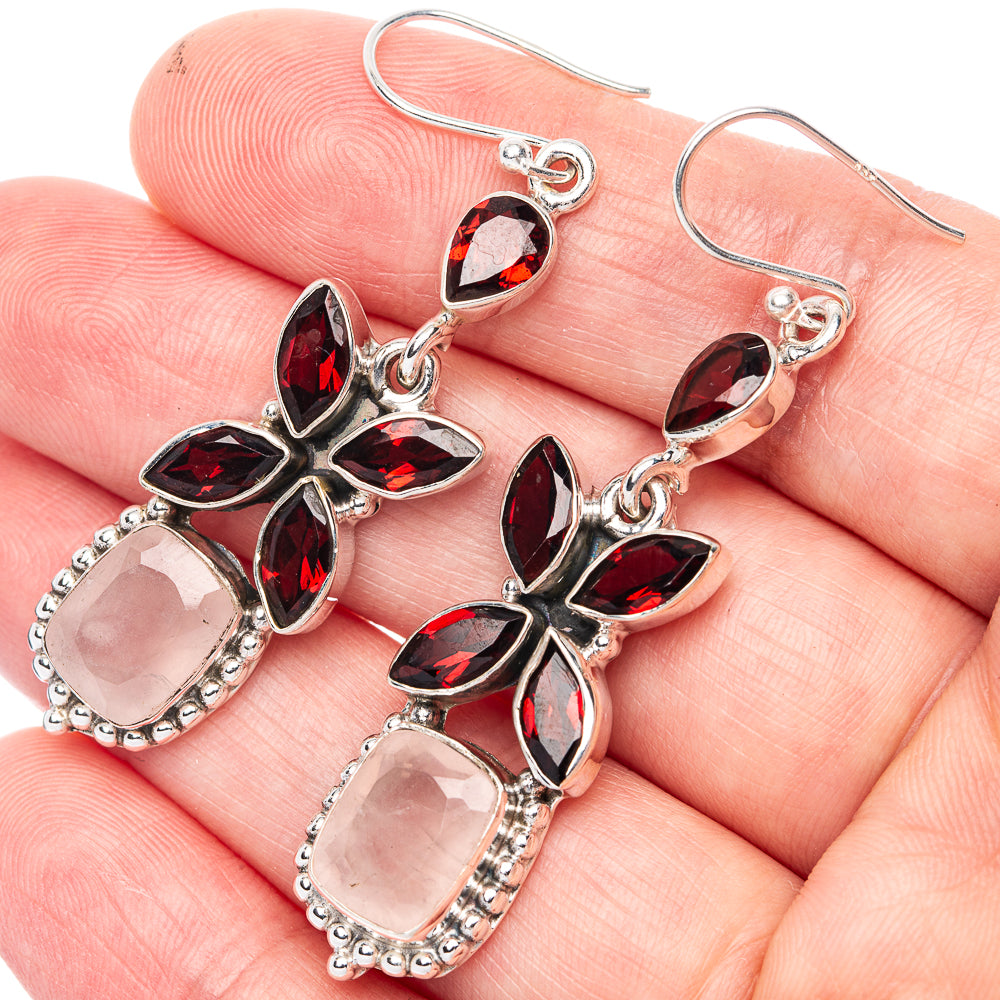 Premium Rose Quartz, Garnet 925 Sterling Silver Earrings 2 1/4" (925 Sterling Silver) E1215