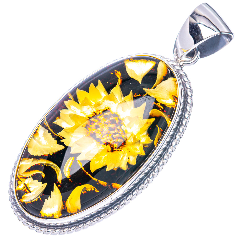 Amber Intaglio Sunflower Pendant 2 1/8" (925 Sterling Silver) P42577