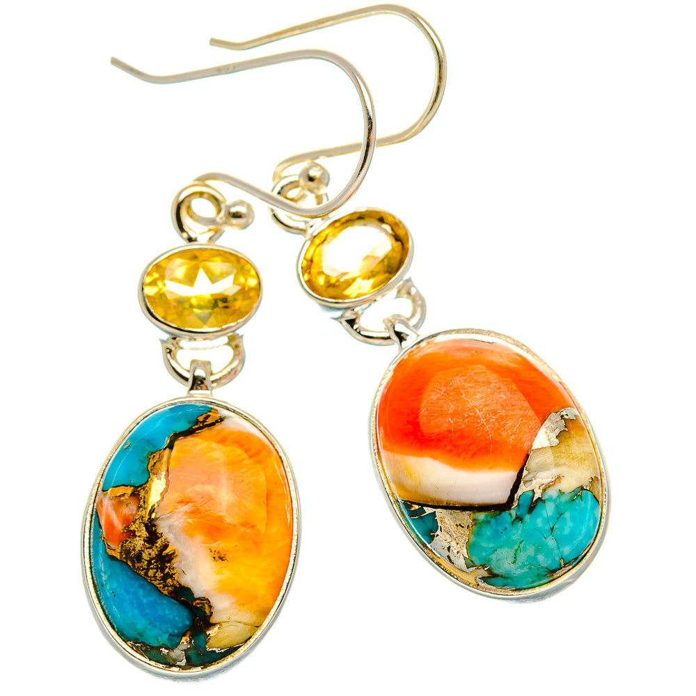 Spiny Oyster Turquoise, Citrine Earrings 1 3/4" (925 Sterling Silver) EARR432059