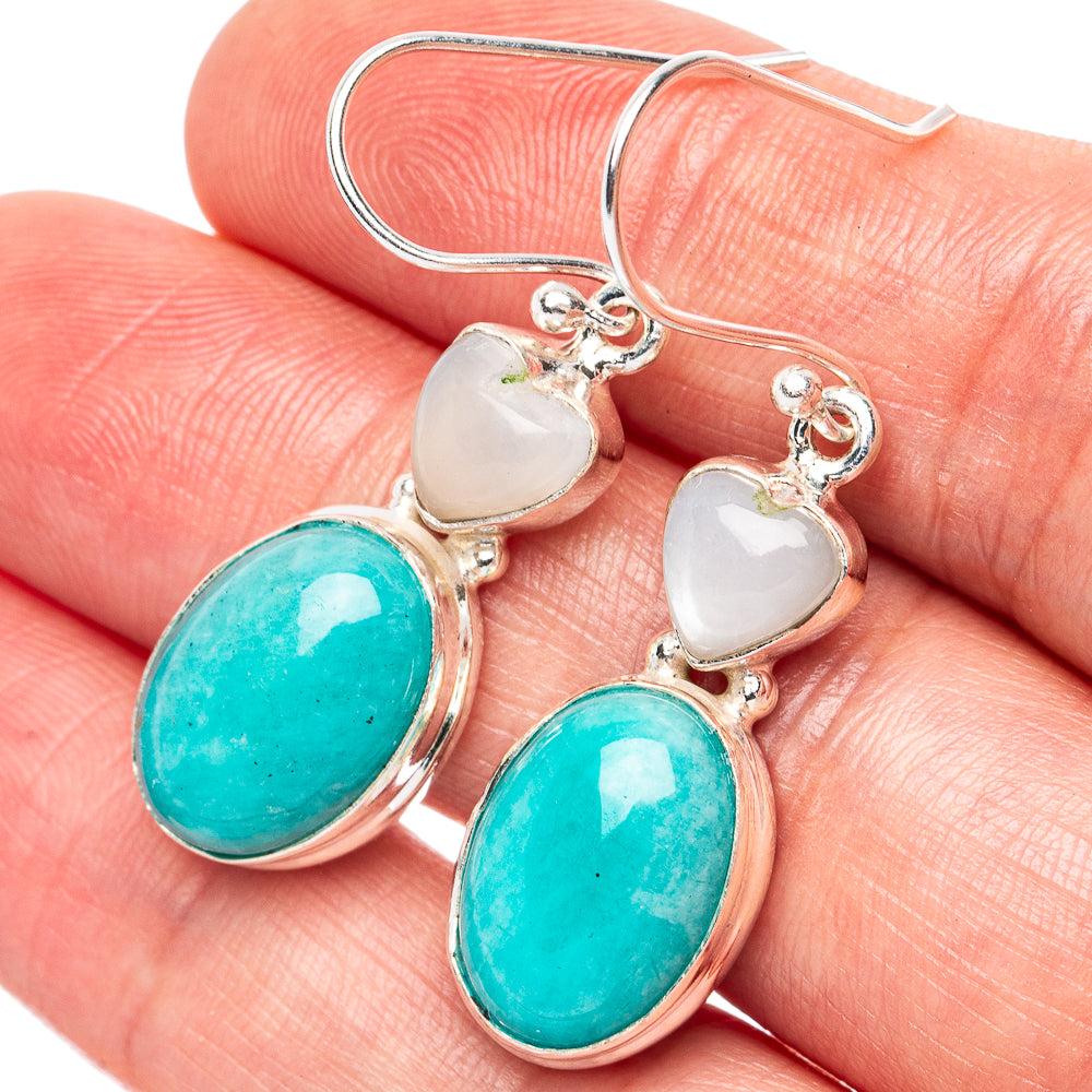 Amazonite, Rainbow Moonstone Heart Earrings 1 5/8" (925 Sterling Silver) E2765