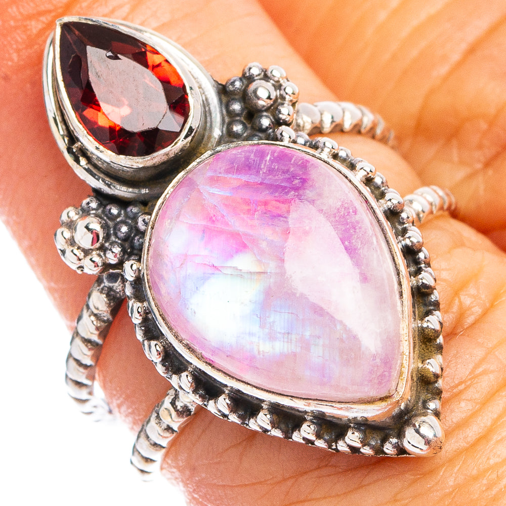 Pink Moonstone, Garnet Ring Size 6.75 (.925 Sterling Silver)