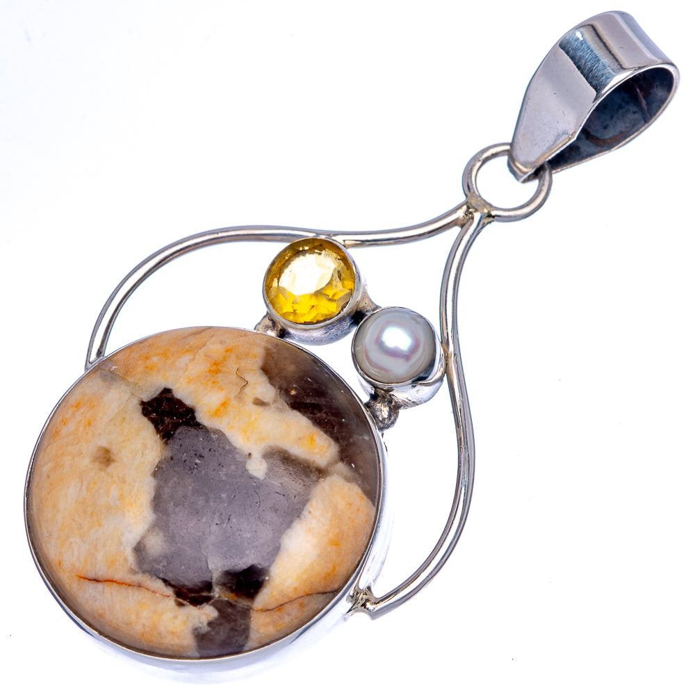 Peanut Wood Jasper, Citrine, Cultured Pearl Pendant 2 1/8" (925 Sterling Silver) P40031