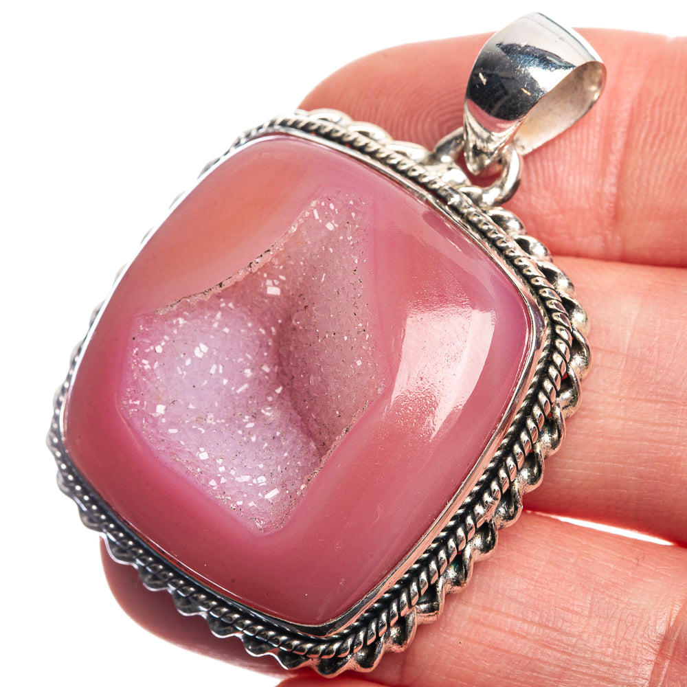 Pink Druzy 925 Sterling Silver Pendant 1 5/8"