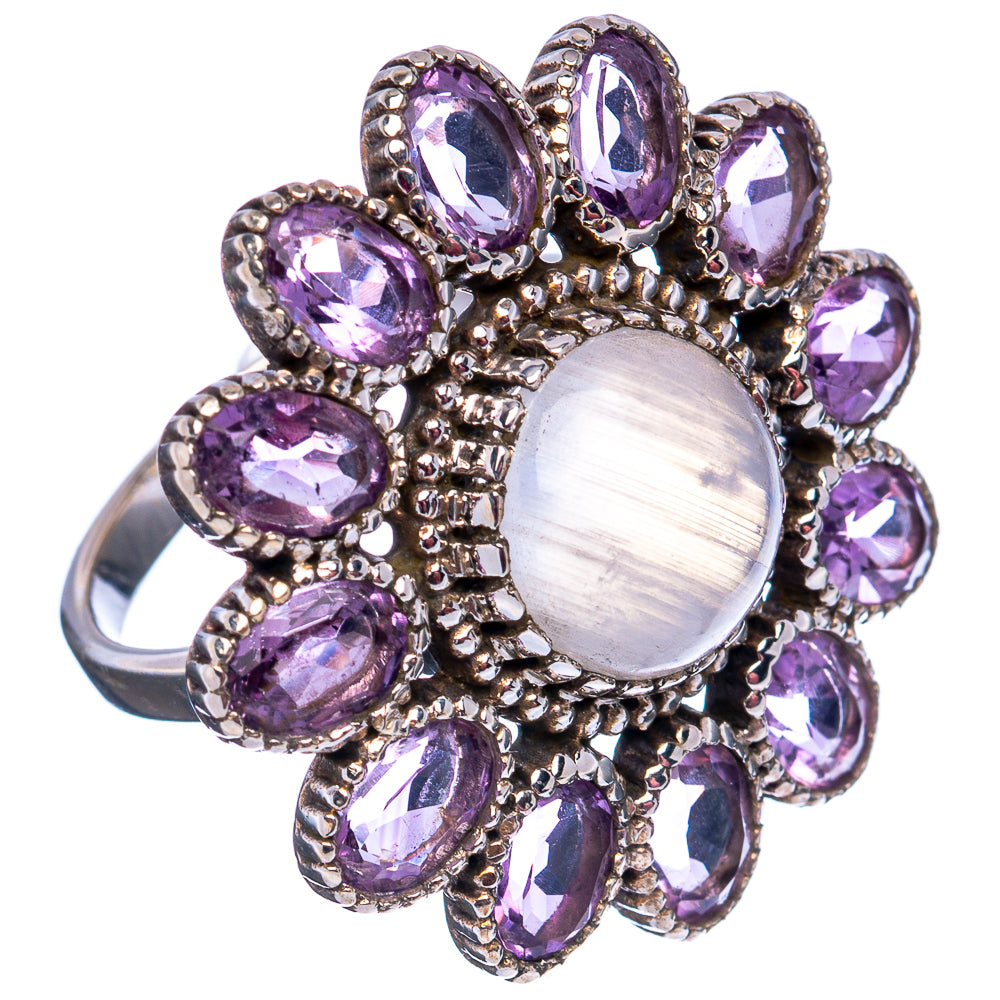 Rainbow Moonstone, Amethyst Flower Ring Size 6.5 (.925 Sterling Silver)
