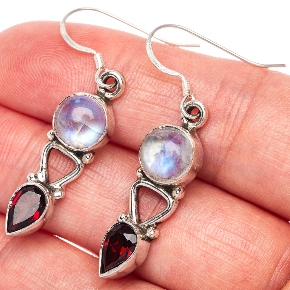 Rainbow Moonstone, Garnet Earrings 1 5/8" (925 Sterling Silver) E433151