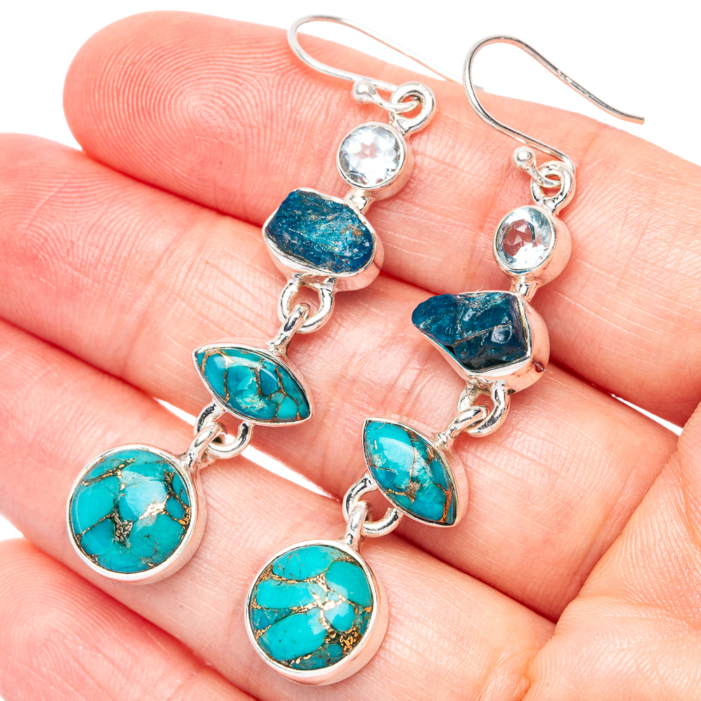 Premium Blue Copper Composite Turquoise, Apatite, Blue Topaz Earrings 2 1/4" (925 Sterling Silver) E1267