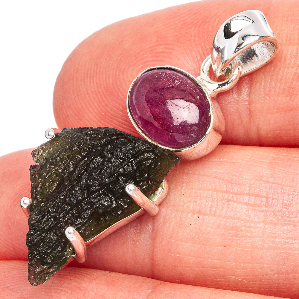 Rare Czech Moldavite, Ruby Pendant 1 3/8" (925 Sterling Silver) P40394