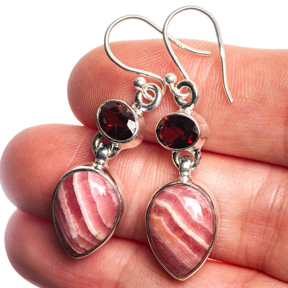Rhodochrosite, Garnet 925 Sterling Silver Earrings 1 5/8"