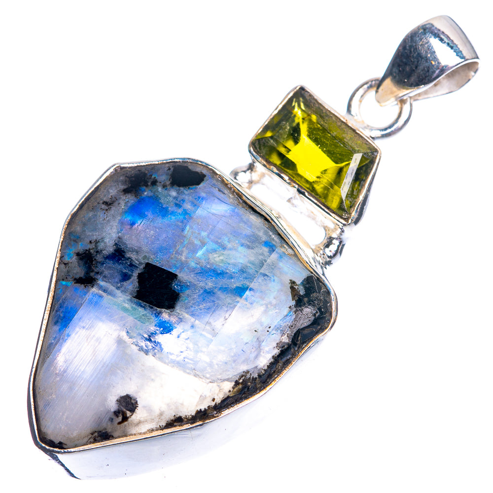 Raw Rainbow Moonstone, Peridot Pendant 1 7/8" (925 Sterling Silver) P39101