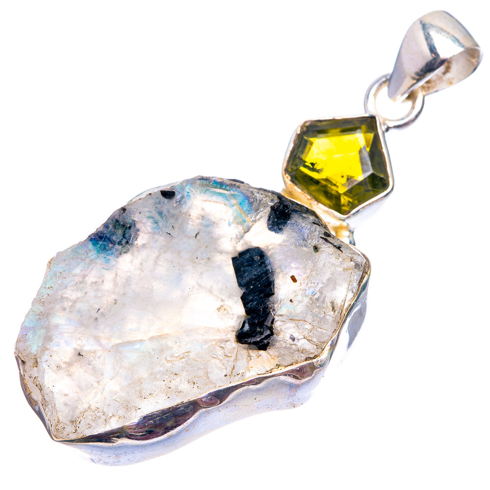 Raw Rainbow Moonstone, Peridot Pendant 2" (925 Sterling Silver) P39025