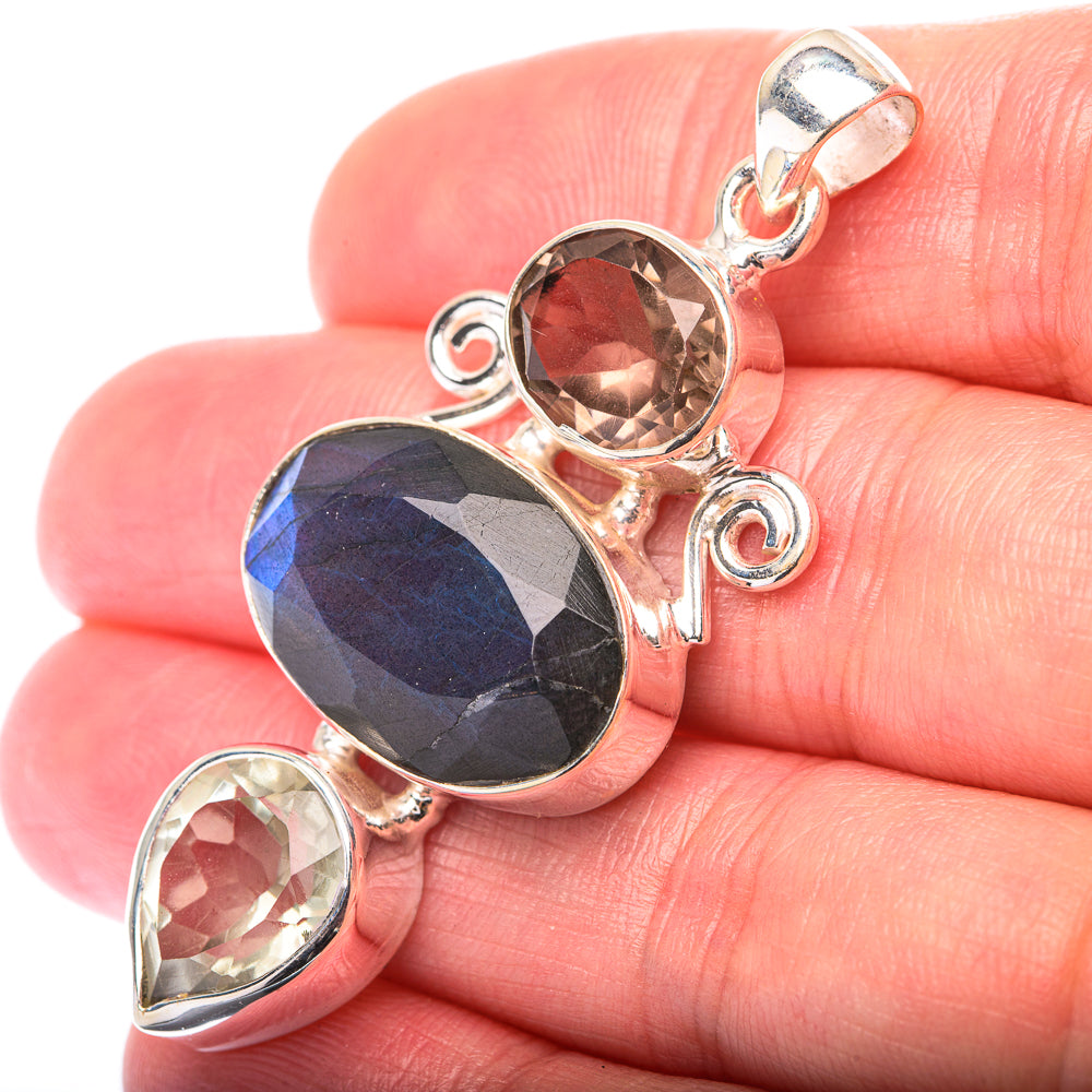 Labradorite, White Quartz, Smoky Quartz Pendant 2" (925 Sterling Silver) PD38581