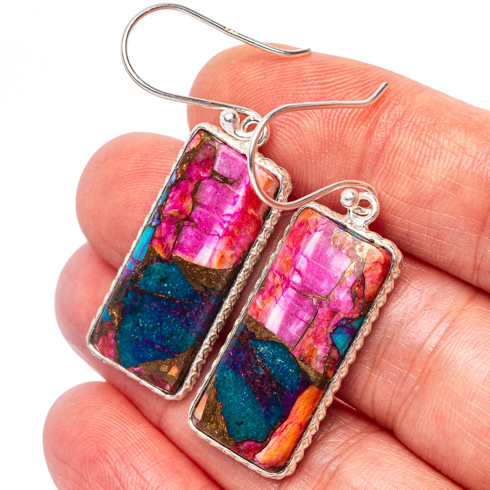 Pink Dahlia Mohave Turquoise Earrings 1 3/4" (.925 Sterling Silver)