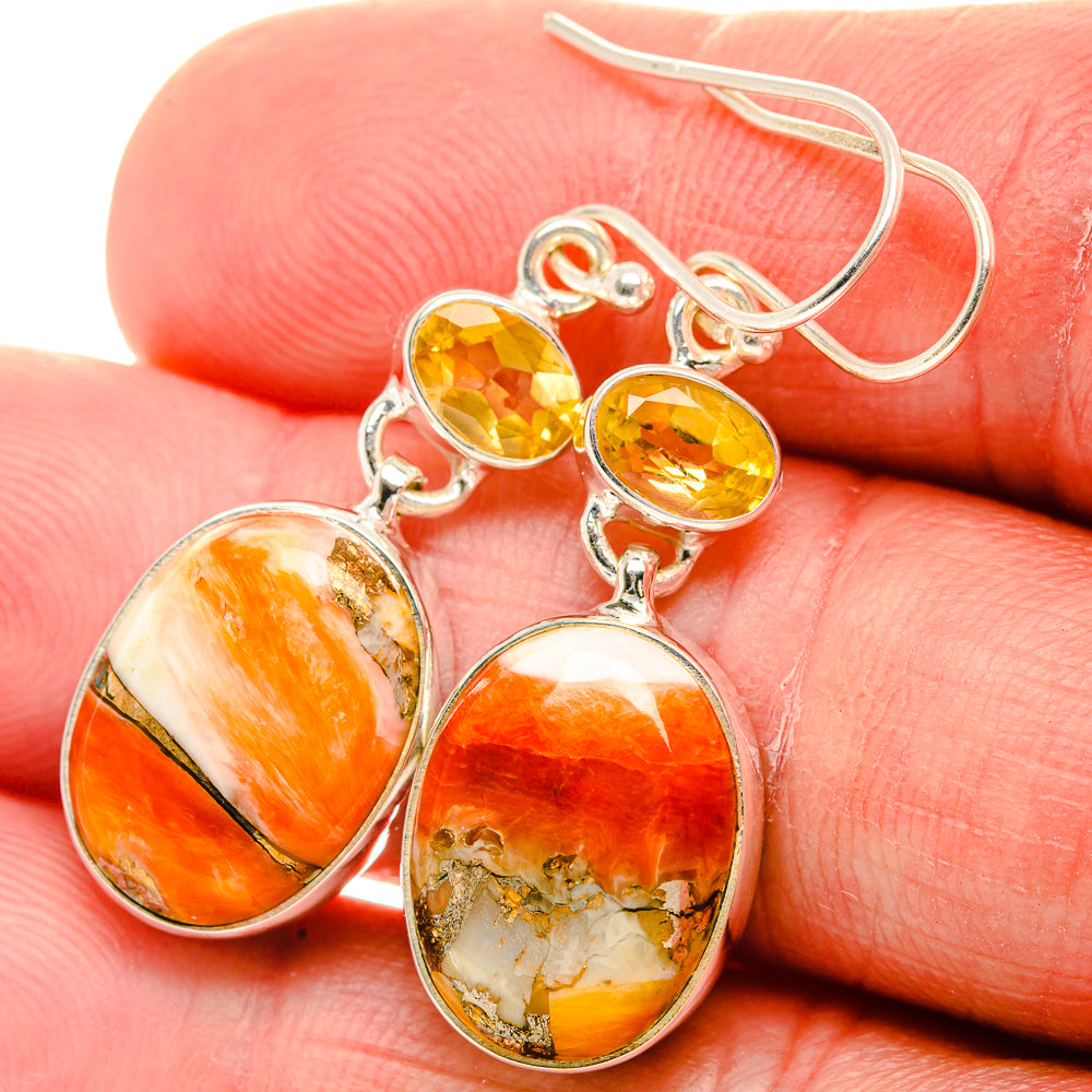 Spiny Oyster Turquoise, Citrine Earrings 1 3/4" (925 Sterling Silver) EARR432096