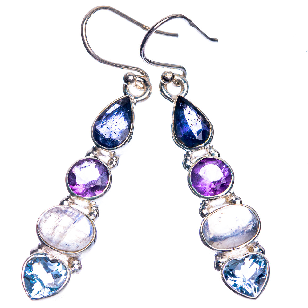 Rainbow Moonstone, Amethyst, Blue Topaz 925 Sterling Silver Earrings 1 7/8"