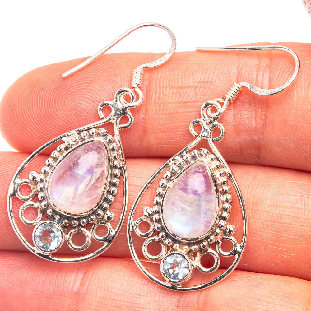 Premium Rainbow Moonstone, Blue Topaz Earrings 1 5/8" (925 Sterling Silver) E432368