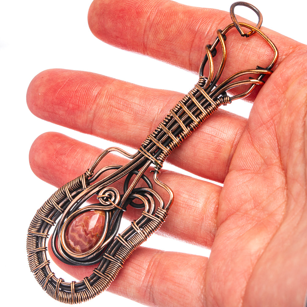 Rhodochrosite Wire Wrap Pendant 3 7/8" (Oxidized Copper)