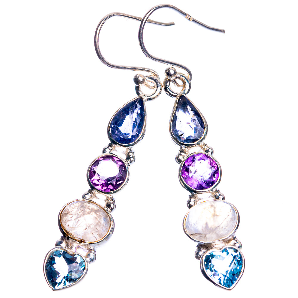 Rainbow Moonstone, Blue Topaz, Tanzanite, Amethyst 925 Sterling Silver Earrings 1 7/8"